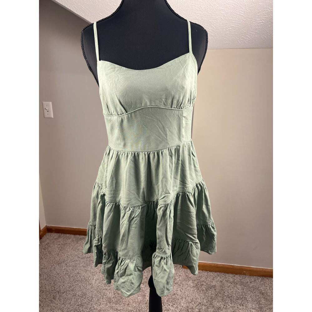 Aeropostale Mini Sundress Sweetheart Tiered Smocked Ruffle Bustier Sage Green